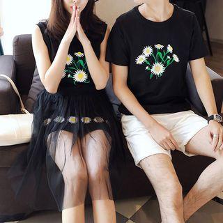 Couple Matching Set: Floral Print Short-sleeve T-shirt / Sleeveless T-shirt Dress + Mesh Skirt