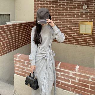 Long-sleeve Tie-waist Plain Midi Dress
