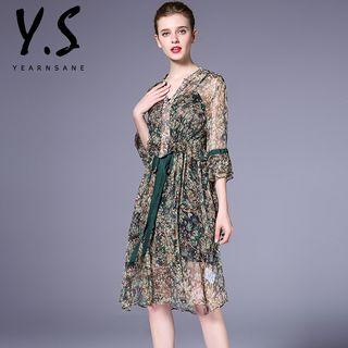 Set: Elbow-sleeve Floral A-line Dress + Slipdress