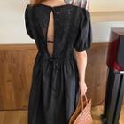 Puff-sleeve Perforated Open Back Tie-waist Loose Fit Dress