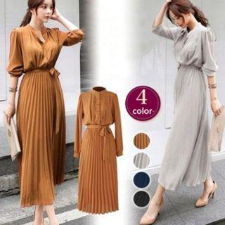 Long-sleeve Button-up Chiffon Midi Dress