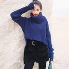 Set: Turtleneck Cropped Asymmetric Sweater + Belt A-line Shorts