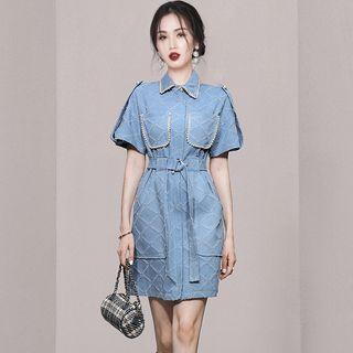 Short-sleeve Beaded Denim Mini Shirt Dress