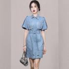 Short-sleeve Beaded Denim Mini Shirt Dress
