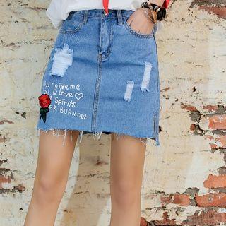 Distressed Printed Embroidered Denim Skirt