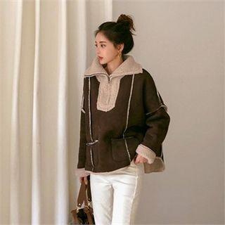 Dolman-sleeve Faux-shearling Anorak Pullover Brown - One Size