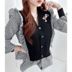Frilled Houndstooth Cardigan With Brooch