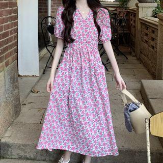 Short-sleeve Floral Print Midi A-line Skirt