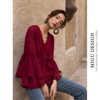 Striped V-neck Bell-sleeve Top