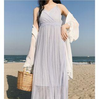 Set: Plain Slipdress + V-neck Mesh Midi Spaghetti Strap Dress / Open-front Jacket