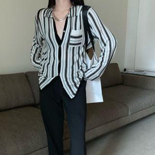 Striped Knit Shirt / Slit Wide Leg Pants