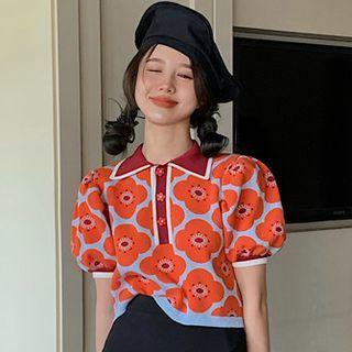 Short-sleeve Floral Print Knit Polo Shirt Flower - Tangerine - One Size