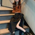 Striped Cap-sleeve Shirred Cropped T-shirt / Slit Midi A-line Skirt