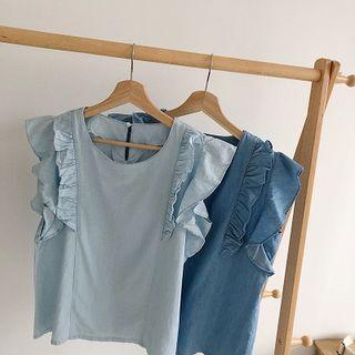 Plain Ruffled-trim Panel Square-neck Denim Top