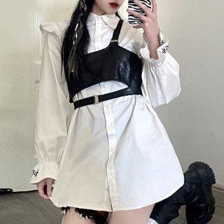 Set: Mini A-line Shirt Dress + Faux Leather Vest