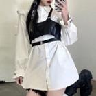 Set: Mini A-line Shirt Dress + Faux Leather Vest