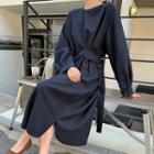 Long-sleeve Belt Waist Midi Dress Navy Blue - One Size
