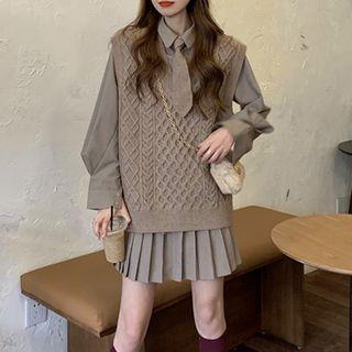 Set: Long-sleeve Pleated Mini A-line Shirtdress + Cable Knit Sweater Vest