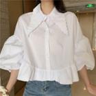 Ruffled Collared Puff Sleeve Blouse White - One Size