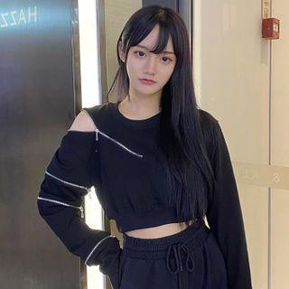 Long-sleeve Zipped Top Black - One Size