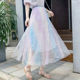 Midi Sequined A-line Mesh Skirt Rainbow - One Size