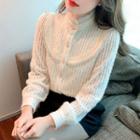 Long-sleeve Mock-neck Button-up Lace Blouse