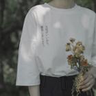 3/4-sleeve Japanese Character T-shirt White - One Size