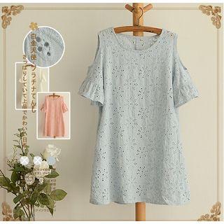 Perforated Cold Shoulder Short-sleeve Dress