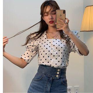 Dotted Tie-back Elbow-sleeve Blouse