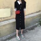 Short-sleeve Contrast Trim Knit Dress Black - One Size