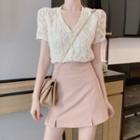 Short-sleeve Lace Blouse / Mini A-line Skirt