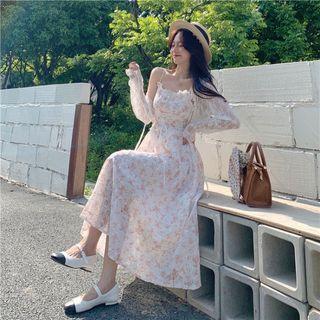 Spaghetti Strap Floral Midi A-line Dress / Lace Cardigan