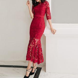 Elbow-sleeve Midi Mermaid Lace Evening Dress