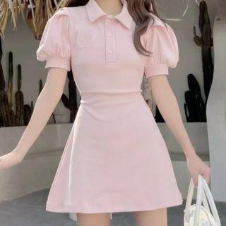 Puff-sleeve Collar Embroidered Mini A-line Dress