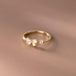 Bow Rhinestone Sterling Silver Open Ring 1 Pc - Gold - One Size