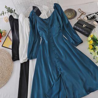 Square-neck Slit Long-sleeve Dress