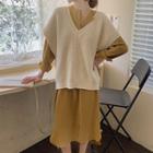 Long-sleeve Midi Dress / Oversize Knit Vest