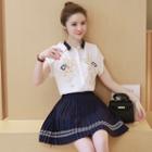 Set: Cap-sleeve Shirt + Pleated Mini Skirt