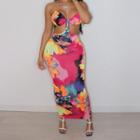 Spaghetti Strap Flower Print Cut-out Maxi Sheath Dress