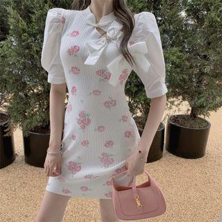 Short-sleeve Floral Print Knit Mini Qipao Dress