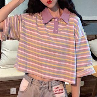Elbow-sleeve Striped Polo Shirt Stripes - Light Purple - One Size