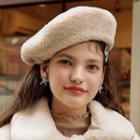 Letter Embroidered Furry Beret Cream - One Size