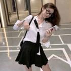 Tie-neck Shirt / Pleated Mini A-line Skirt / Set