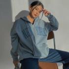 Letter-embroidered Loose-fit Hooded Jacket Airy Blue - One Size