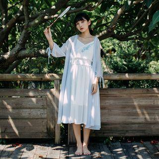 Embroidered 3/4-sleeve Long Chiffon Jacket Blue - One Size