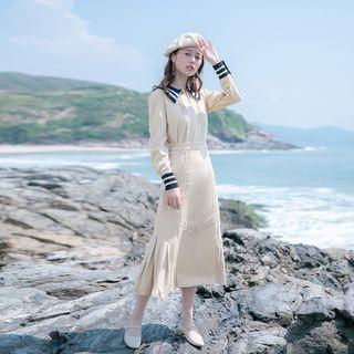 Set: Long-sleeve Blouse + Midi A-line Pleated Skirt