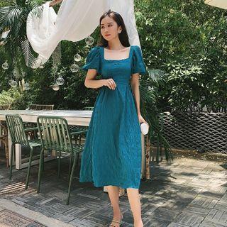 Open Back Puff-sleeve Midi A-line Dress