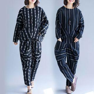 Set : Striped Long-sleeve Top + Cropped Harem Pants