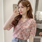 Floral Print Ruched Short-sleeve Blouse
