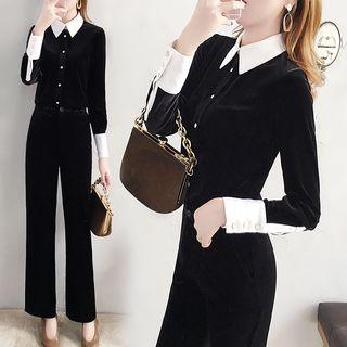 Set: Long-sleeve Velvet Blouse + Wide Leg Velvet Pants